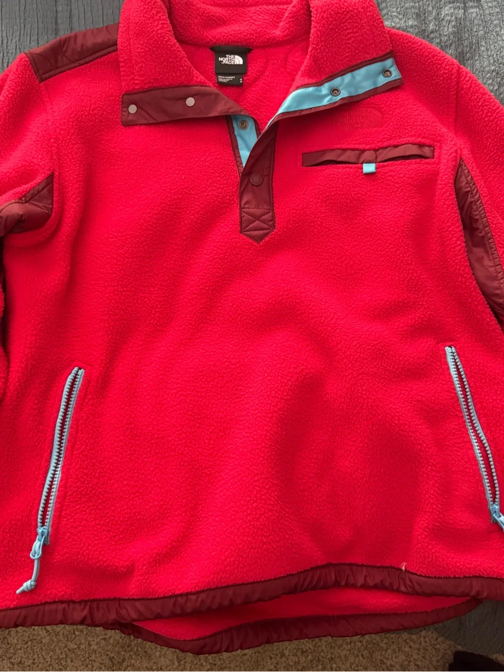 The North Face Red Fleece Pullover with Light Blue Accents